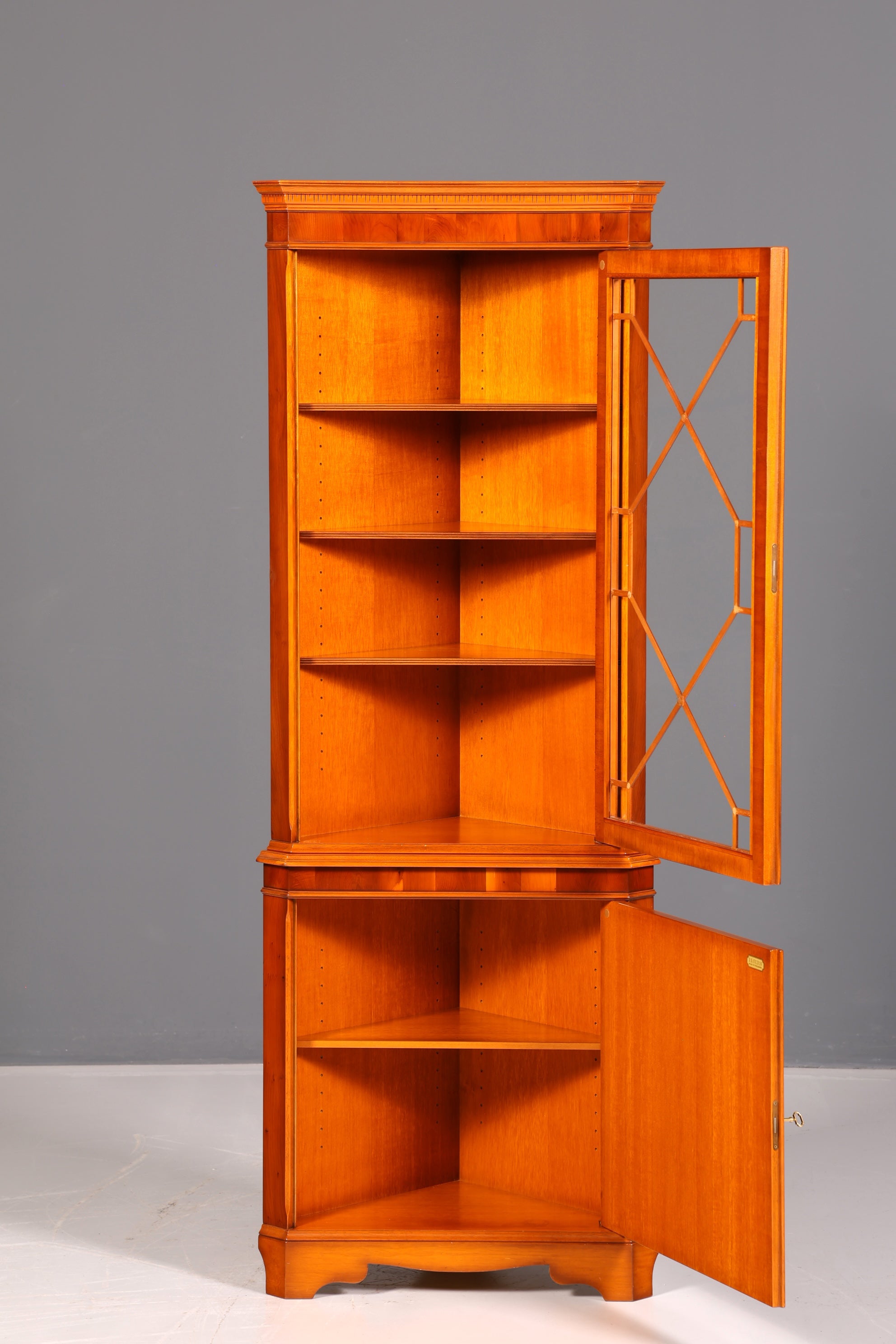 Beautiful English Yew Corner Display Cabinet, Corner Cupboard, Glass Display Cabinet, Antique, Solid Wood, Vintage