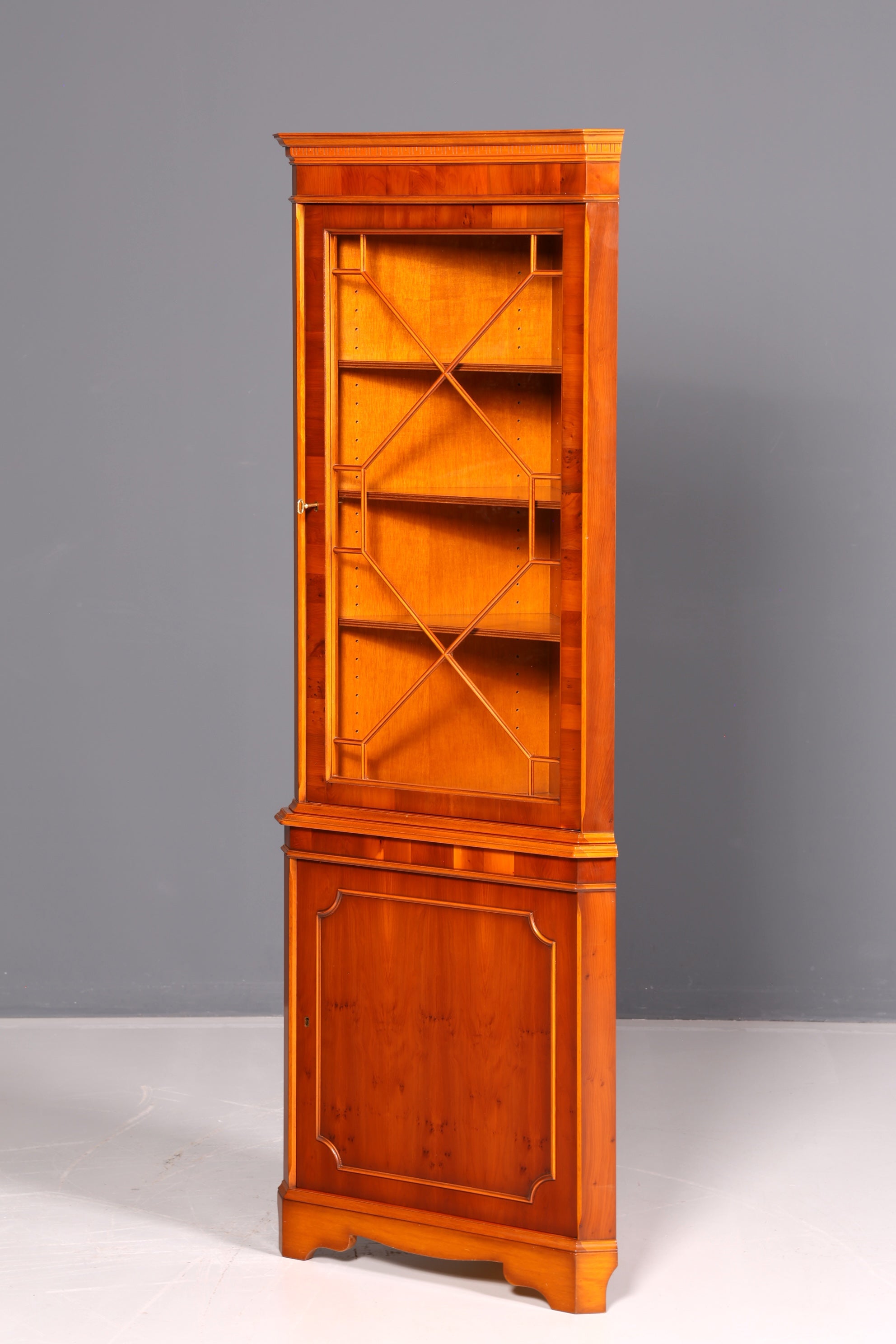 Beautiful English Yew Corner Display Cabinet, Corner Cupboard, Glass Display Cabinet, Antique, Solid Wood, Vintage