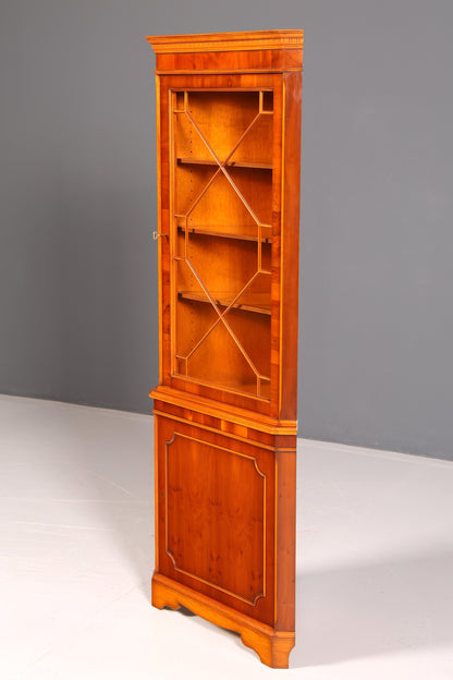 Beautiful English Yew Corner Display Cabinet, Corner Cupboard, Glass Display Cabinet, Antique, Solid Wood, Vintage