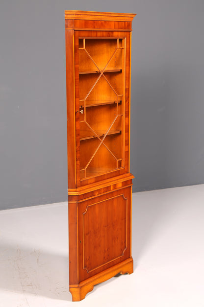 Beautiful English Yew Corner Display Cabinet, Corner Cupboard, Glass Display Cabinet, Antique, Solid Wood, Vintage