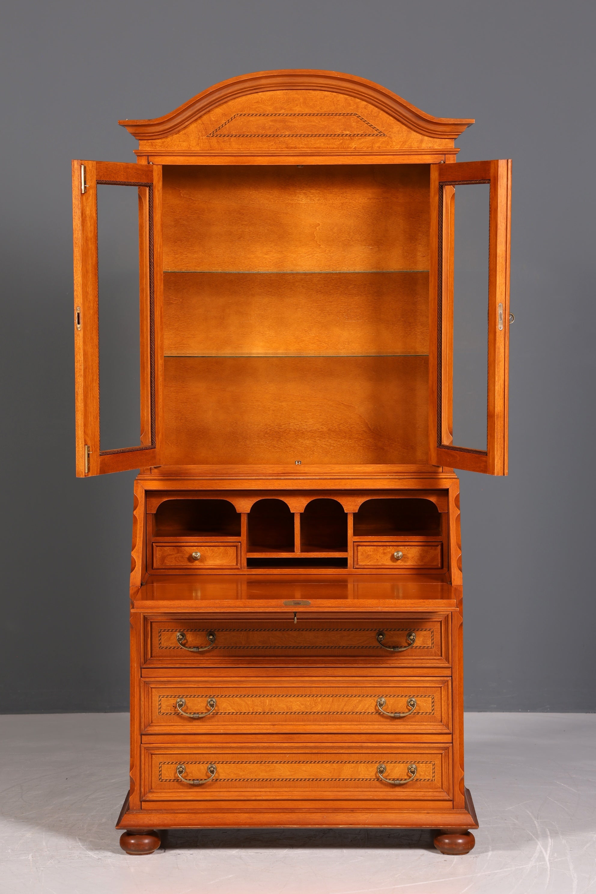 Wunderschöner Original Selva Sekretär Vitrine Antik Stil Bürotisch mit Vitrinenaufsatz echt Holz Office Desk Bürokommode