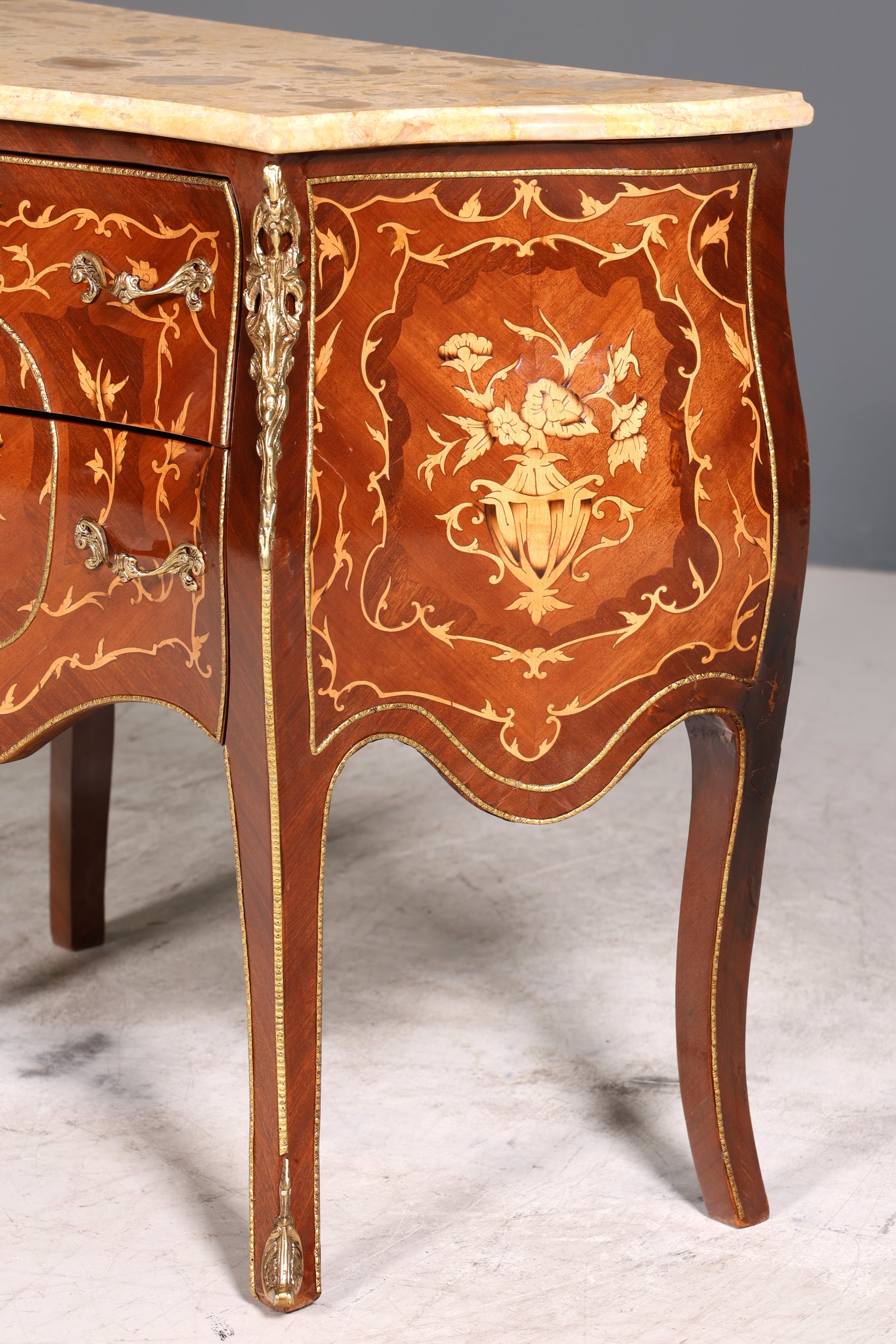 Royal Bulbous Baroque Style Chest of Drawers Brass Marble Louis XV Sideboard Antique Style