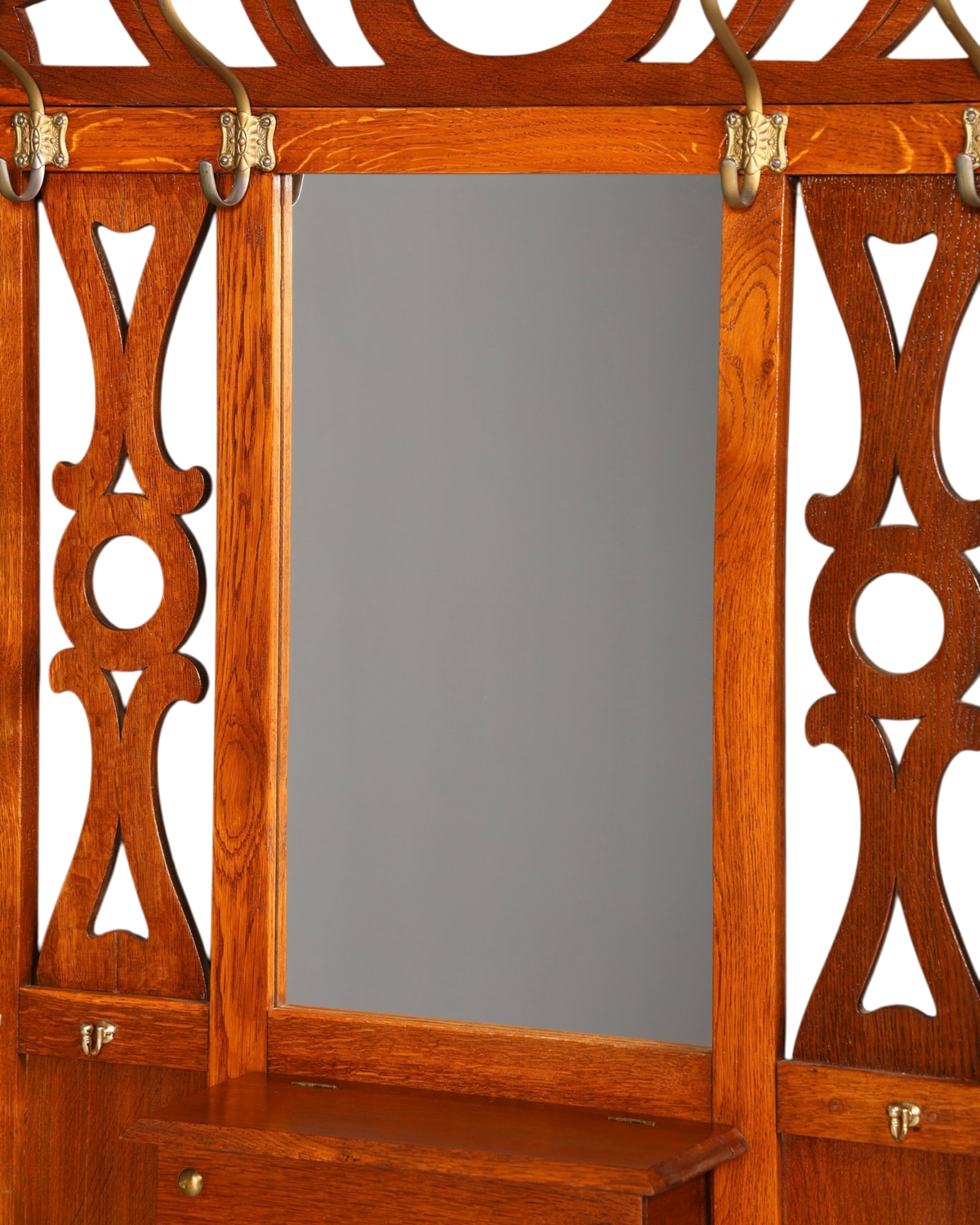 Hauptstadt Möblerei Jugendstil Wandgarderobe aus Holz mit Spiegel, Schnitzereien und Messinghaken im Gründerzeit-Stil