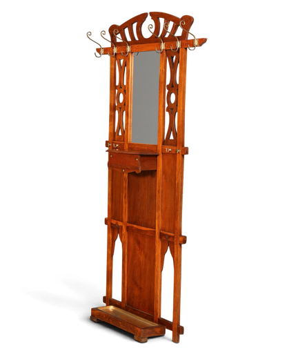 Hauptstadt Möblerei Jugendstil Wandgarderobe aus Holz mit Spiegel, Ablage und Messinghaken im Gründerzeit-Stil