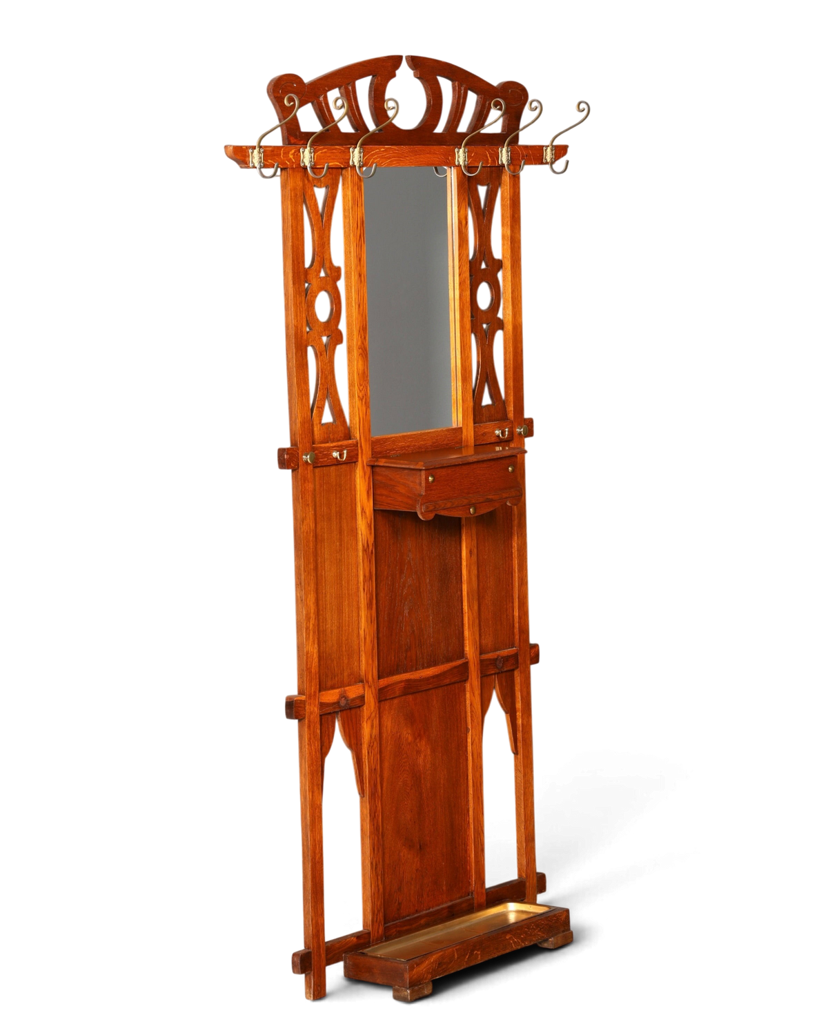 Hauptstadt Möblerei Jugendstil Wandgarderobe aus Holz mit Spiegel, Ablage und Messinghaken im Gründerzeit Design