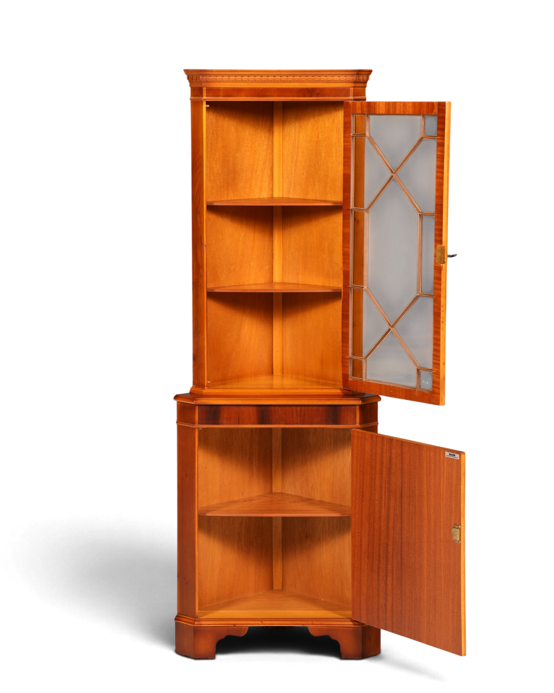 Hauptstadt Möblerei englische Eckvitrine aus Eibenholz mit Glastür und Einlegeböden im antiken Vintage-Stil