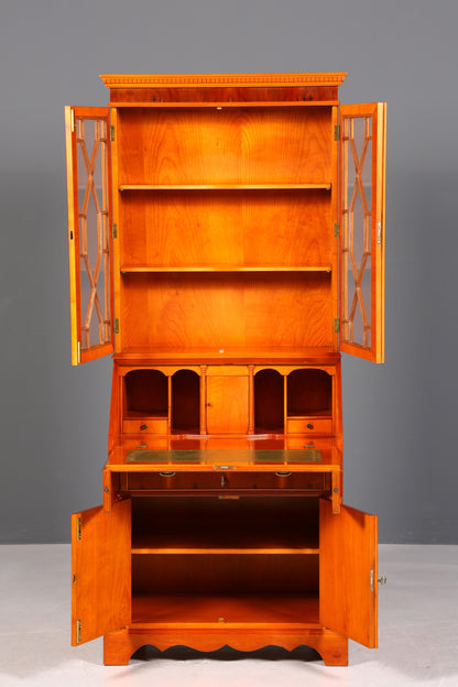 Stilvoller Englischer Sekretär Büro Aufsatzsekretär Eibe Antik Stil echt Lederauflage Vitrinen Schrank UK