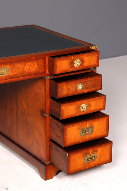 Edler Maritimer Schreibtisch Englischer Military Chest Bürotisch Office Table Echt Lederauflage Antik Vintage