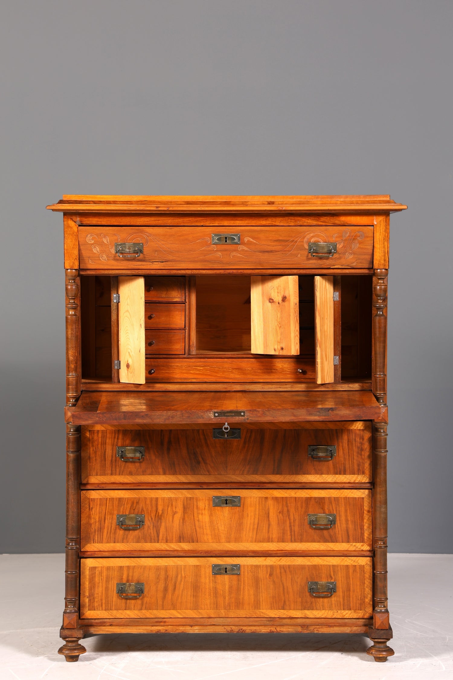 Beautiful Art Nouveau Secretary Walnut Gründerzeit Vertiko Antique Chest of Drawers around 1900