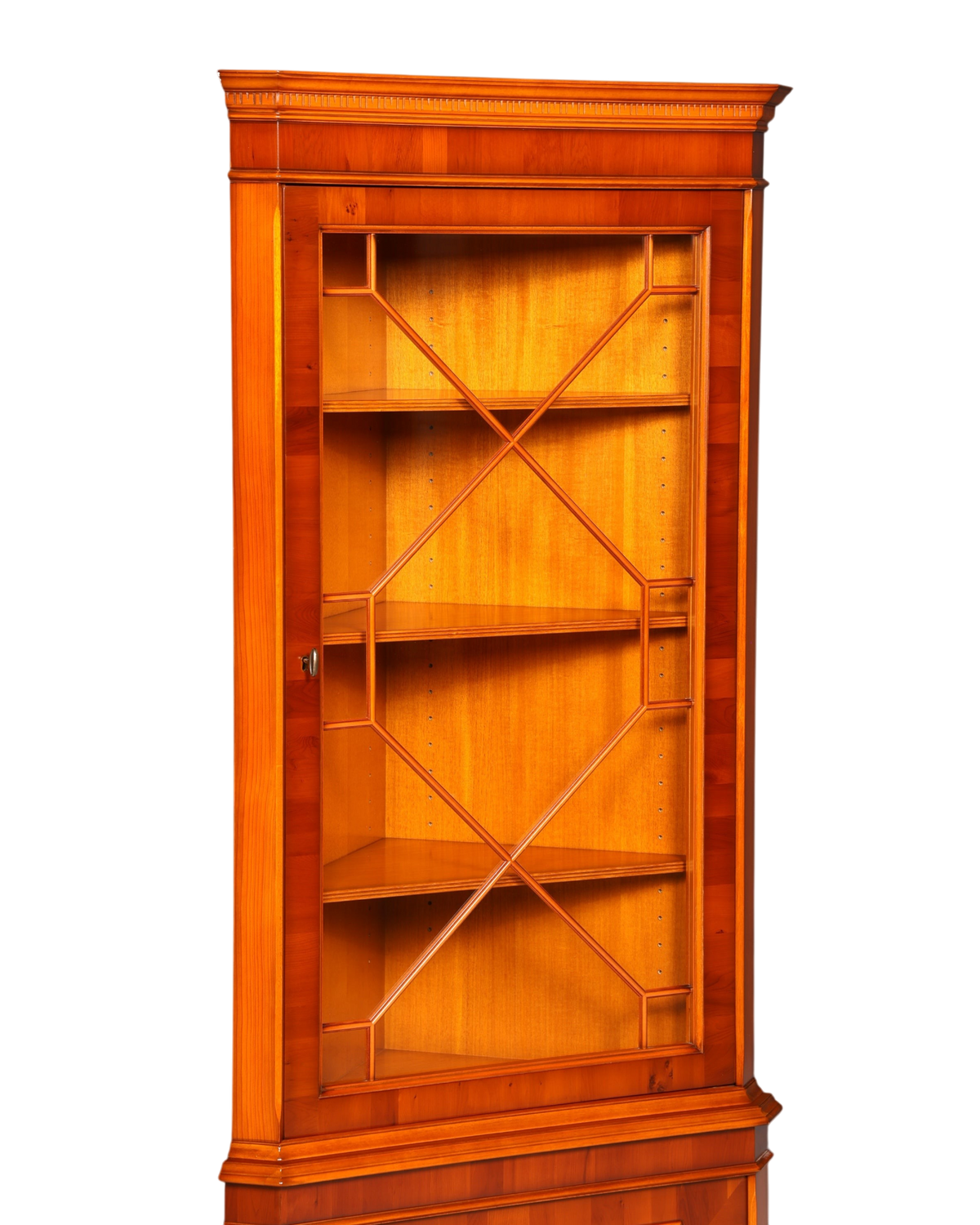 Hauptstadt Möblerei Original Heldense Eckvitrine aus Eibenholz mit Glasfront und verstellbaren Einlegeböden