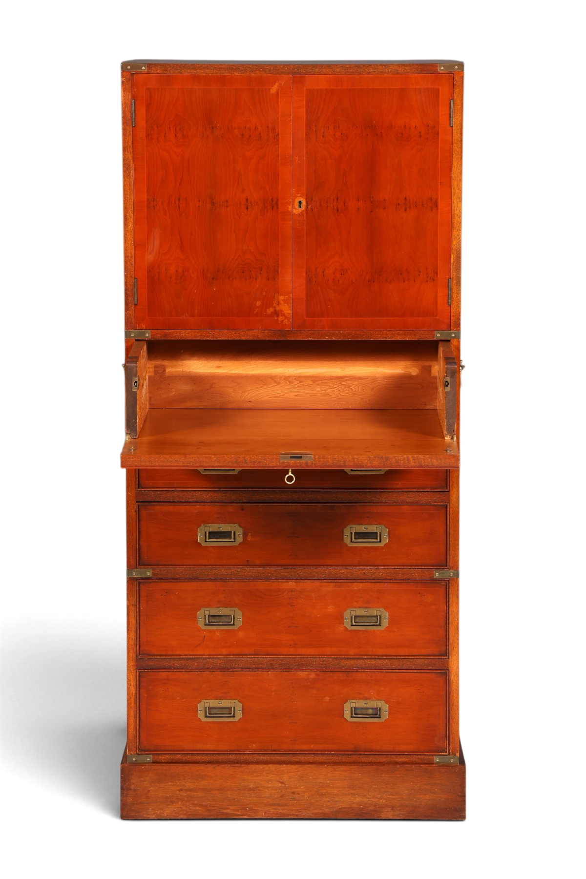 Hauptstadt Möblerei Vertiko Schrank im Military-Chest-Stil aus Echtholz mit Messingbeschlägen und Sekretärfunktion