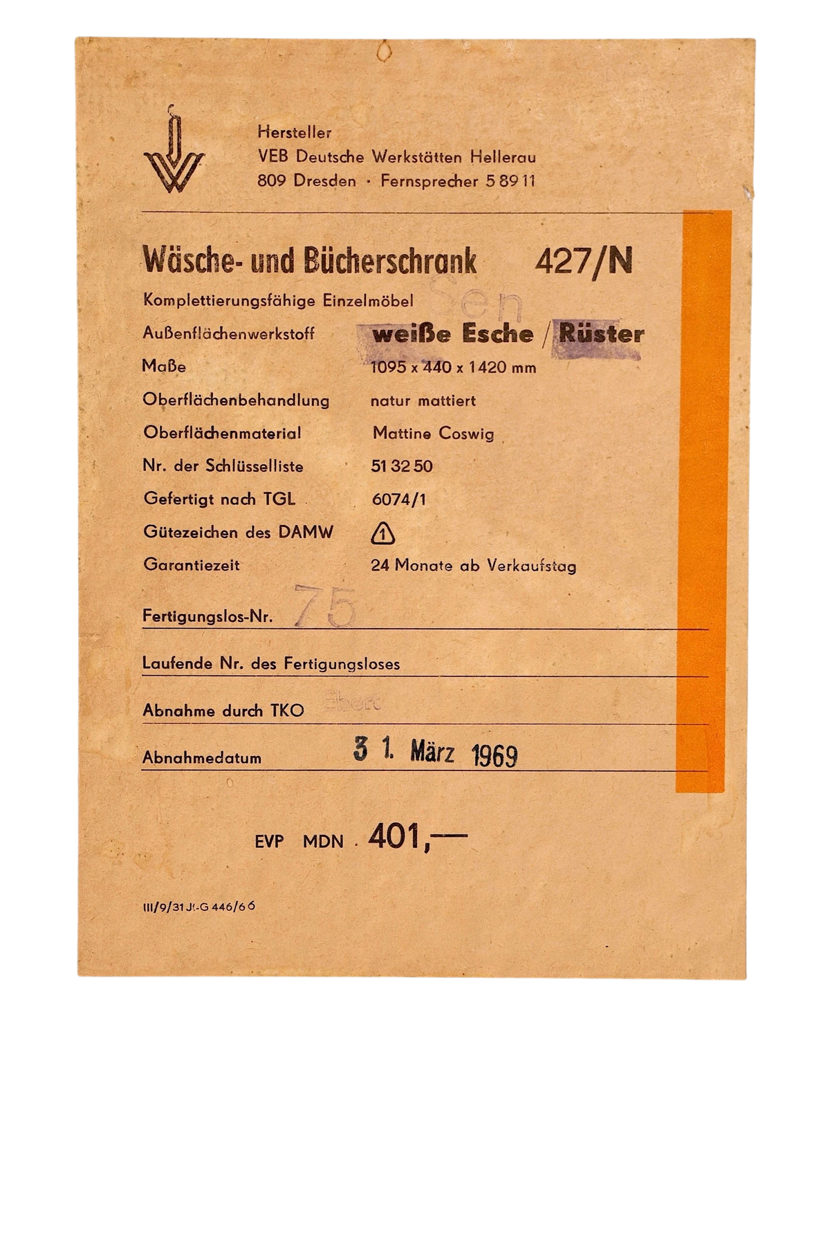 Hauptstadt Möblerei Original Hellerau Schrank Modell 427 Produktpass aus dem Jahr 1969 mit technischen Details