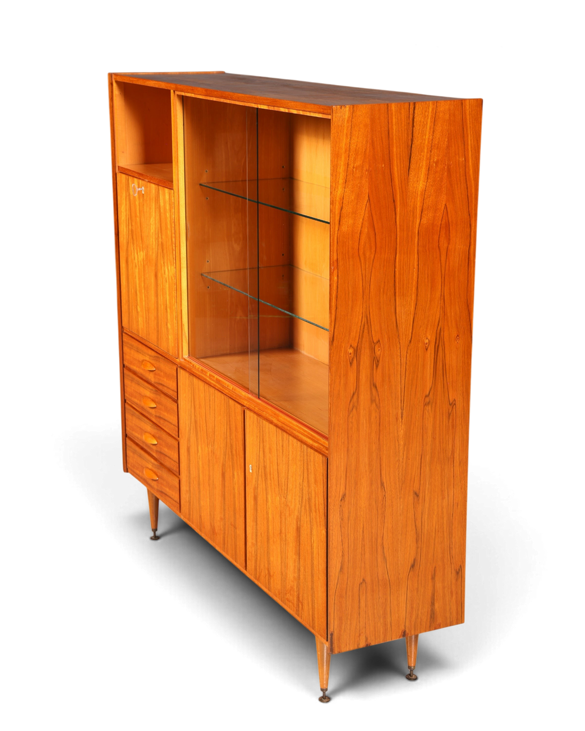 Hauptstadt Möblerei Mid Century Highboard aus Holz mit Glasschiebetüren, Schubladen und konischen Füßen aus den 60ern
