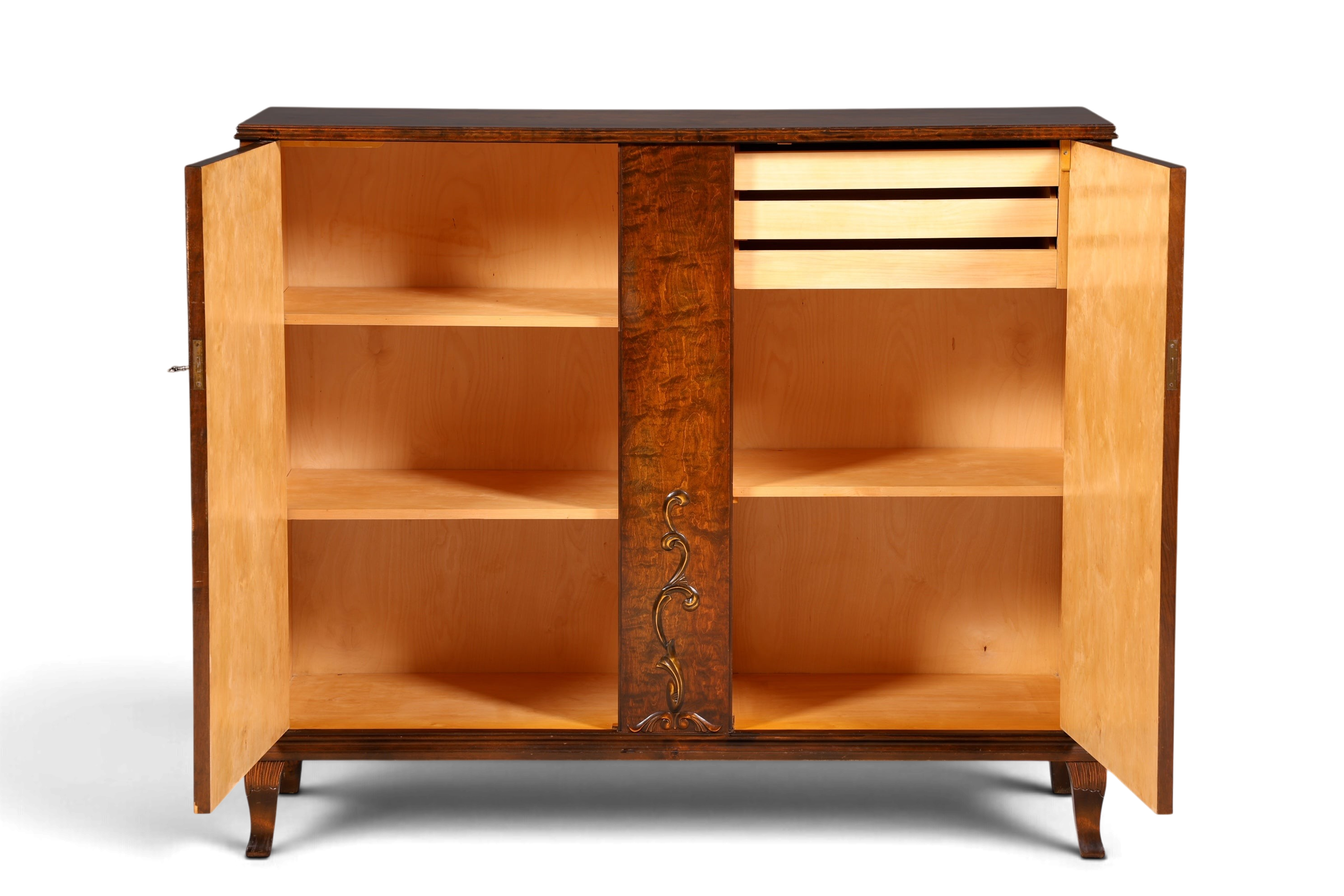 Hauptstadt Möblerei Art Deco Schrank aus massivem Holz mit offener Front, Regalböden und Schubladen um 1930