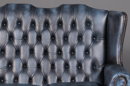 Beautiful original Chesterfield three-seater sofa, Queen Anne, blue English leather couch, England upholstered sofa