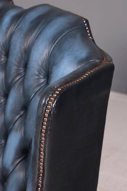 Beautiful original Chesterfield three-seater sofa, Queen Anne, blue English leather couch, England upholstered sofa