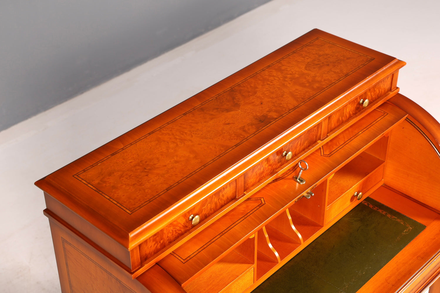 Beautiful antique roll-top secretary desk in Baroque style, cylinder desk, writing cabinet, circa 1930