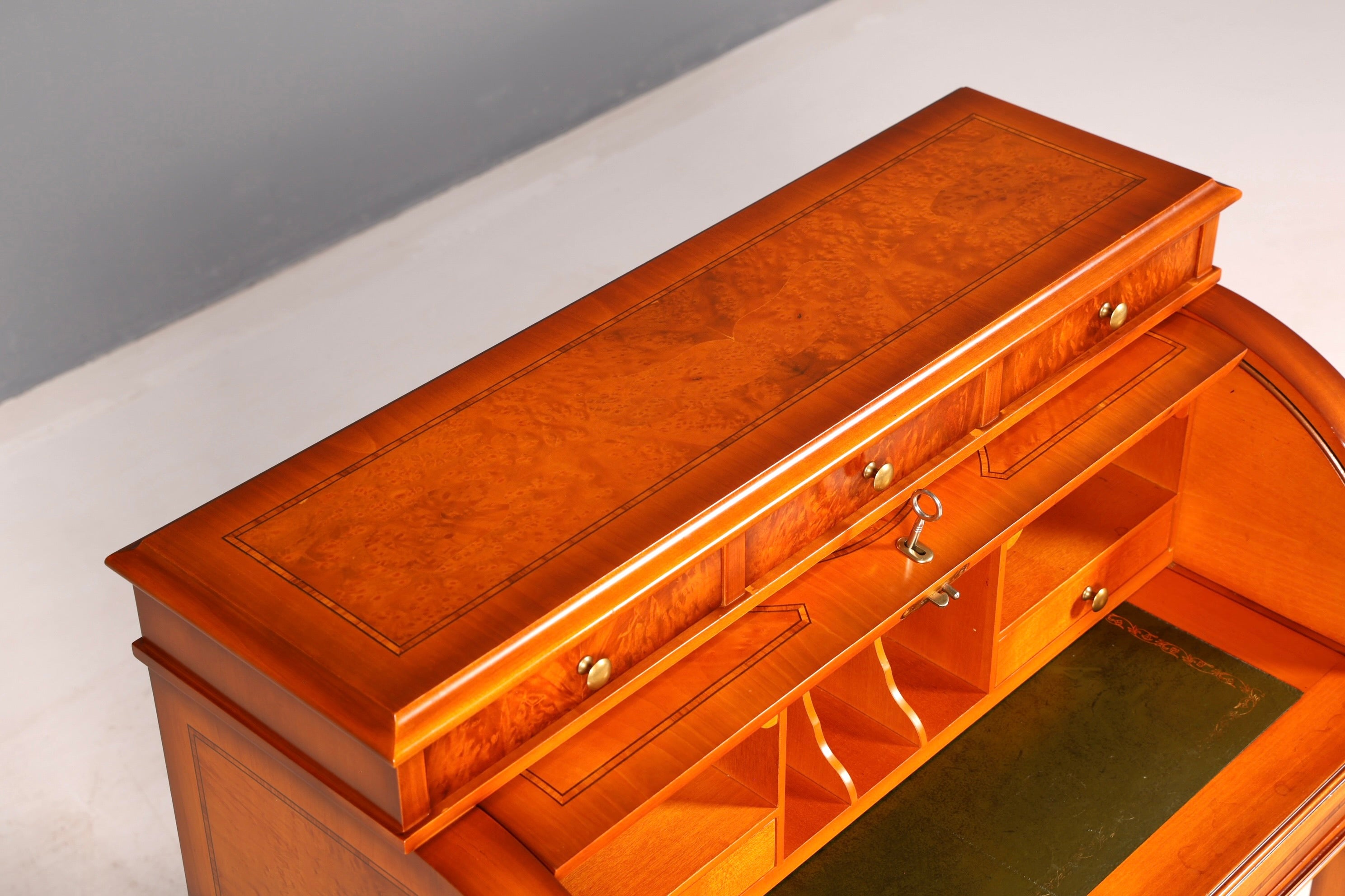 Beautiful antique roll-top secretary desk in Baroque style, cylinder desk, writing cabinet, circa 1930