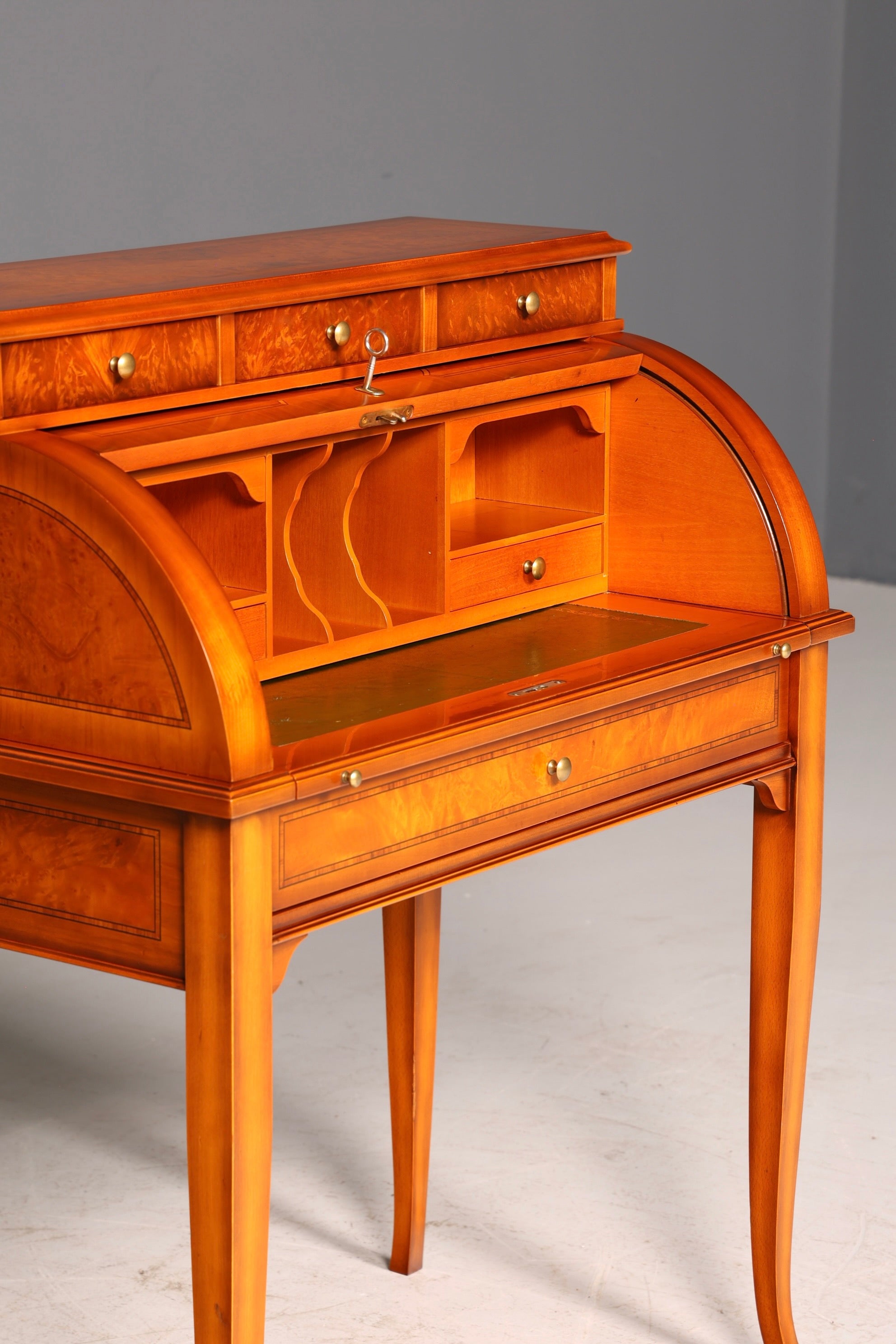 Beautiful antique roll-top secretary desk in Baroque style, cylinder desk, writing cabinet, circa 1930