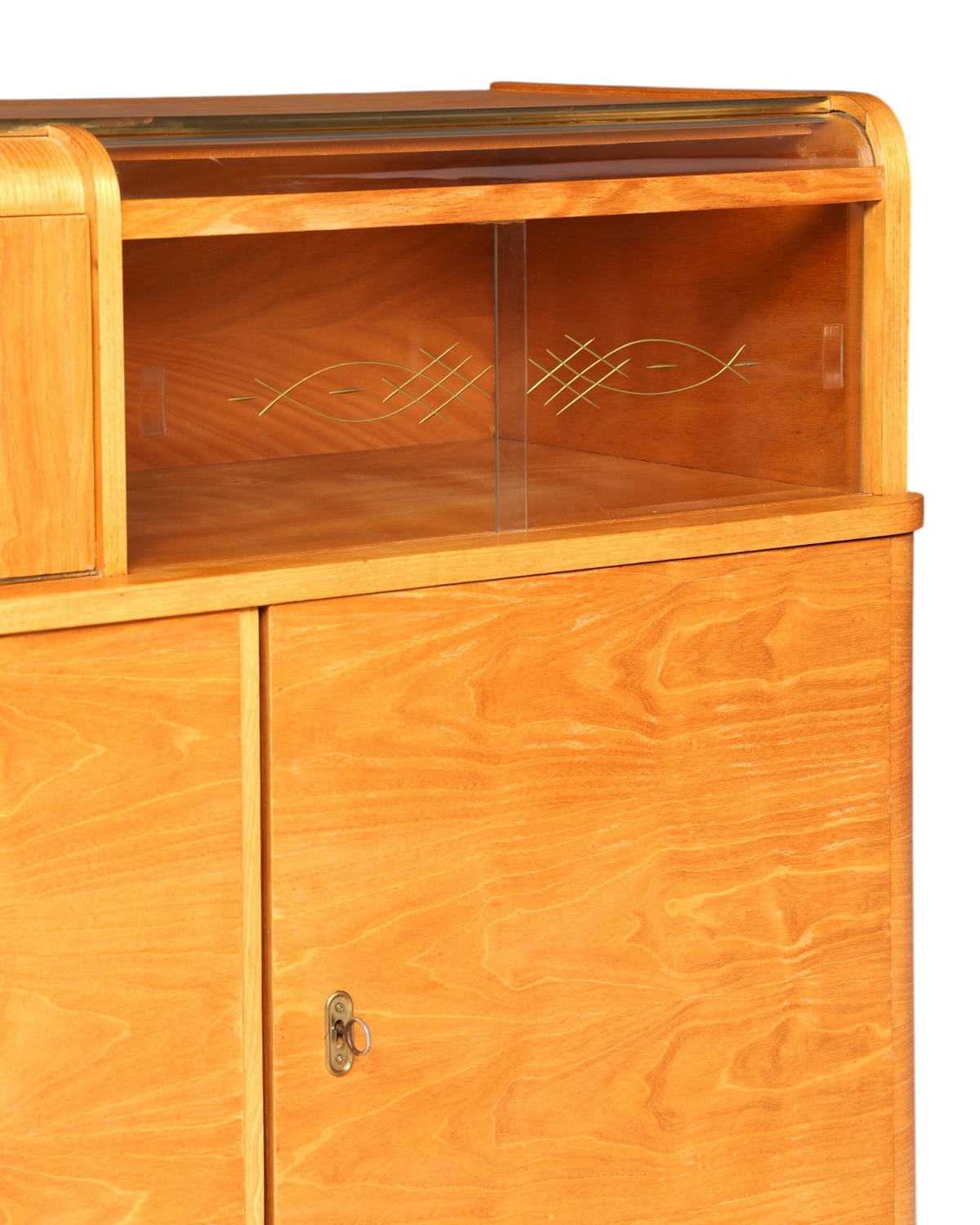 Hauptstadt Möblerei Mid Century Kommode aus Teakholz mit Art Deco Details und Glasfach im 60er Jahre Design