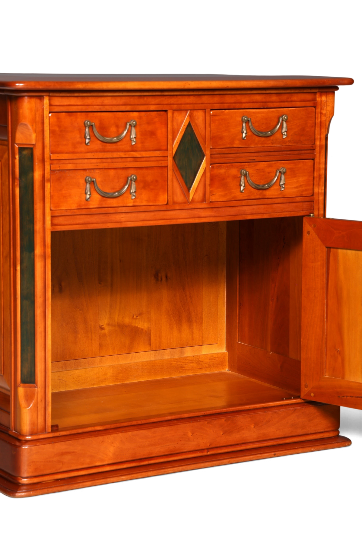 Hauptstadt Möblerei Kommode im Biedermeier Stil aus massiver Eibe mit Schubladen und offener Tür