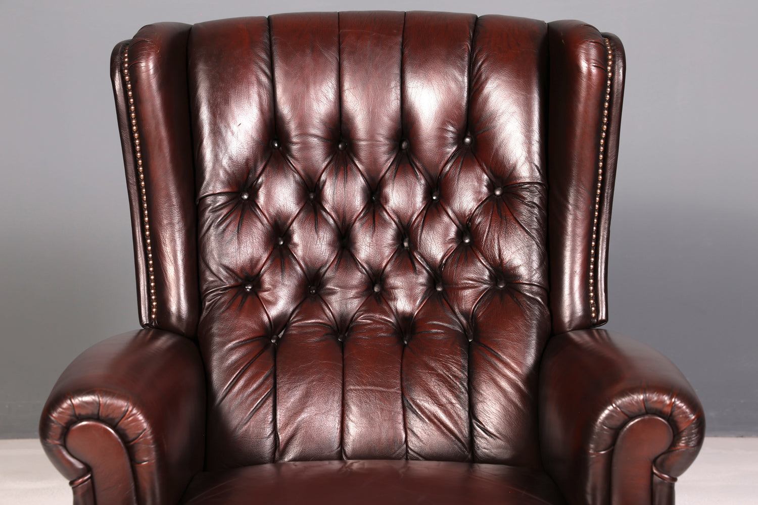 Elegant Chesterfield wingback armchair, recliner, genuine brown leather, TV chair, lounge chair, leather armchair