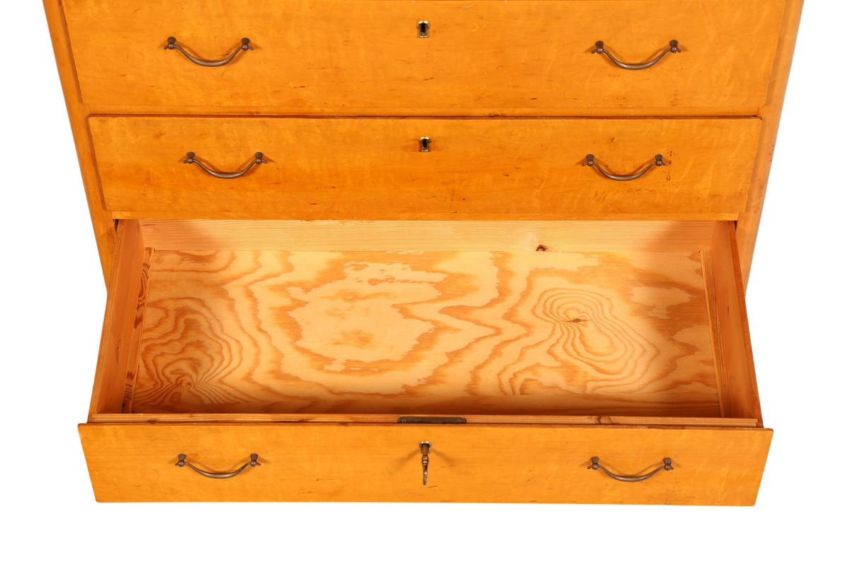 Hauptstadt Möblerei Mid Century Kommode aus massivem Holz mit offener Schublade und klassischen Metallgriffen