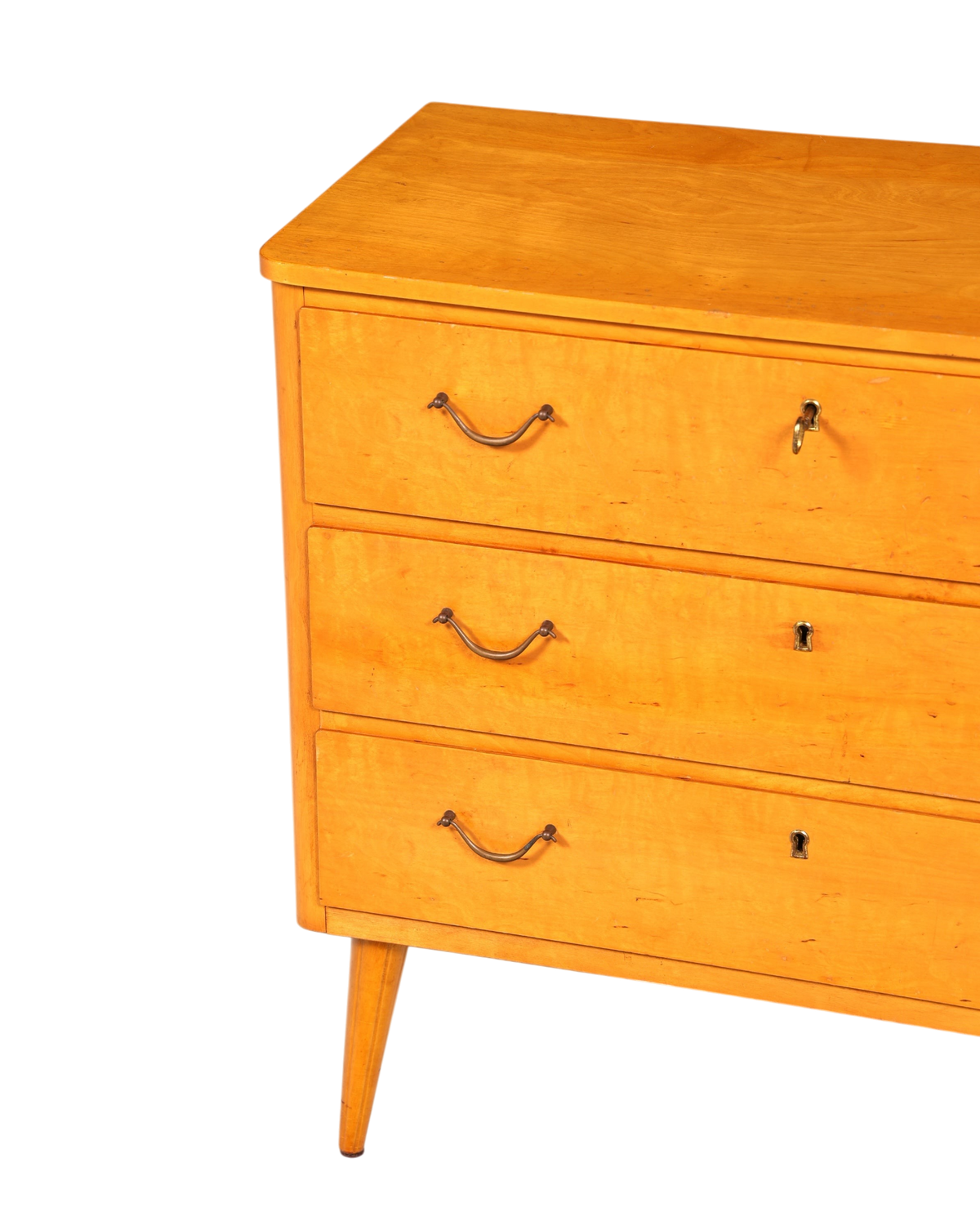 Hauptstadt Möblerei Mid Century Kommode aus massivem Holz mit drei Schubladen und Vintage-Schlüsselschloss