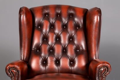 Stilvoller Original Chesterfield Queen Anne Ohrenbackensessel Englisch Echt Leder Herrensessel UK Armlehnsessel Lesesessel Vintage