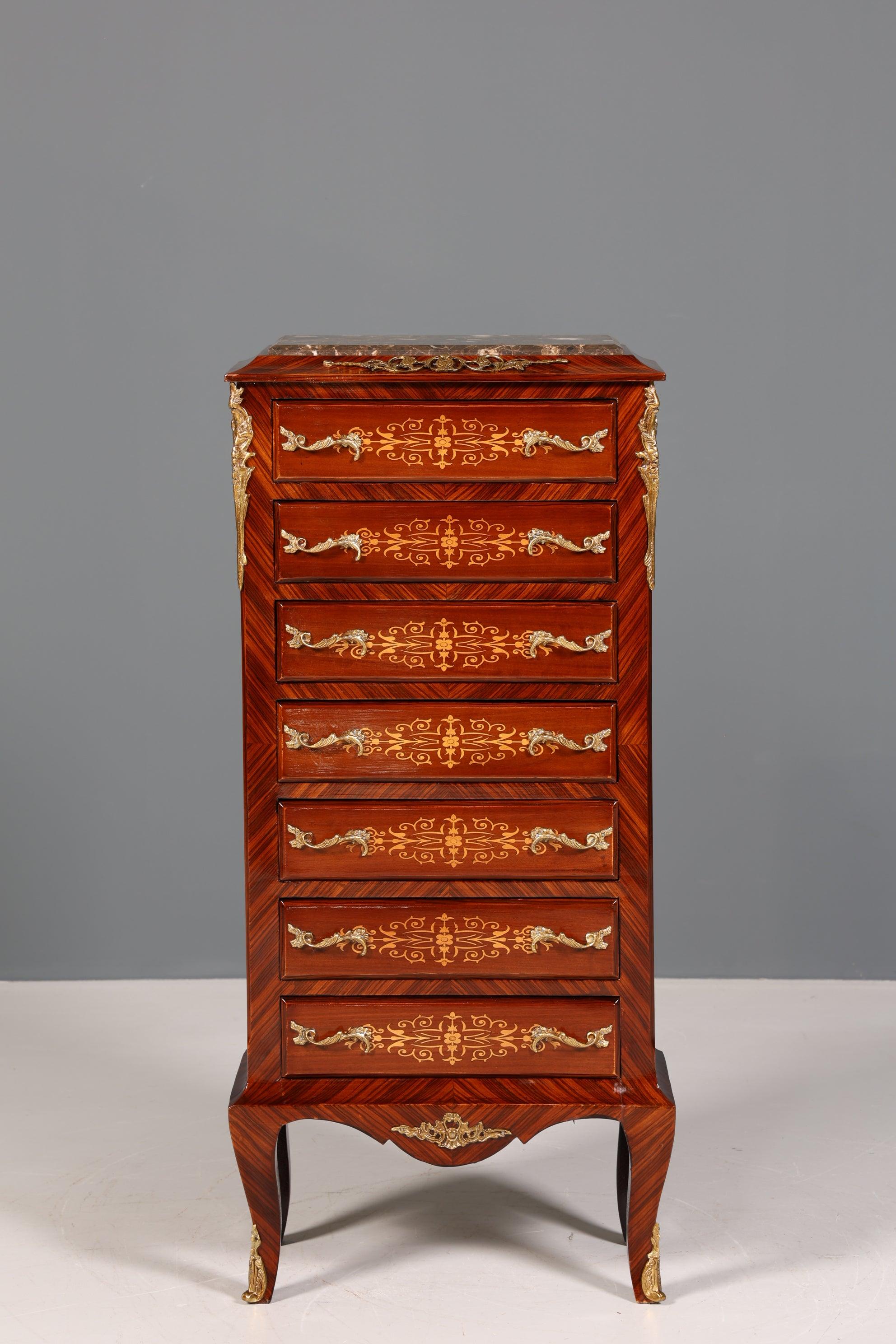 Wunderschönes Barock Stil Louis XV Highboard Marmor Vertiko Intarsien Kommode