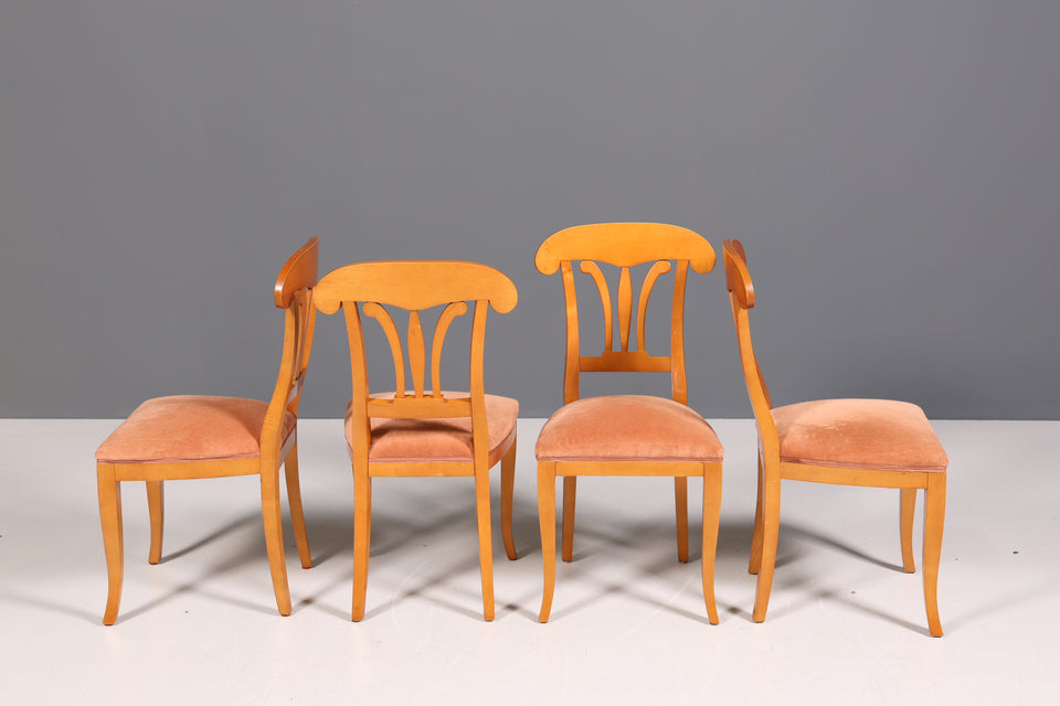 4x Traumhafte Stühle im Biedermeier Stil Antik Stil Stuhlset mit Samtstoff Kirsch Holz