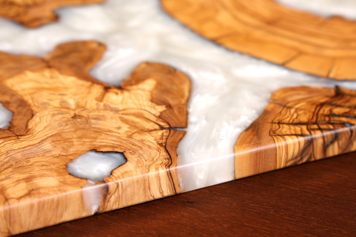 Elegant handmade epoxy resin cutting board, olive wood serving board, epoxy wood board