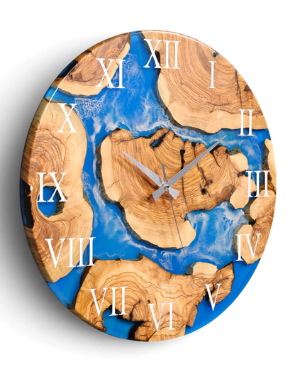 Wunderschöne Handgefertigte Epoxidharz Wanduhr Olivenbaum Blue Sea Uhr Epoxy Analog Uhr
