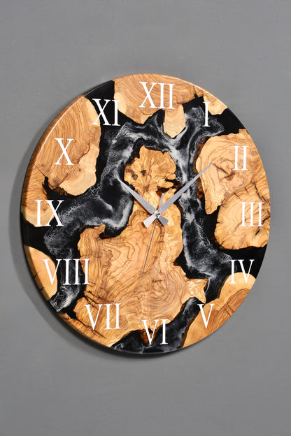 Wunderschöne Handgefertigte Epoxidharz Wanduhr Olivenbaum Uhr Black Epoxy Analog Uhr