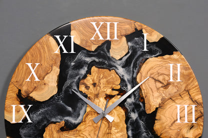 Wunderschöne Handgefertigte Epoxidharz Wanduhr Olivenbaum Uhr Black Epoxy Analog Uhr