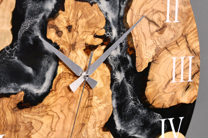 Wunderschöne Handgefertigte Epoxidharz Wanduhr Olivenbaum Uhr Black Epoxy Analog Uhr