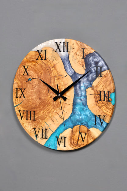 Traumhafte Handgefertigte Epoxidharz Wanduhr Olivenbaum Uhr Epoxy Analog Uhr
