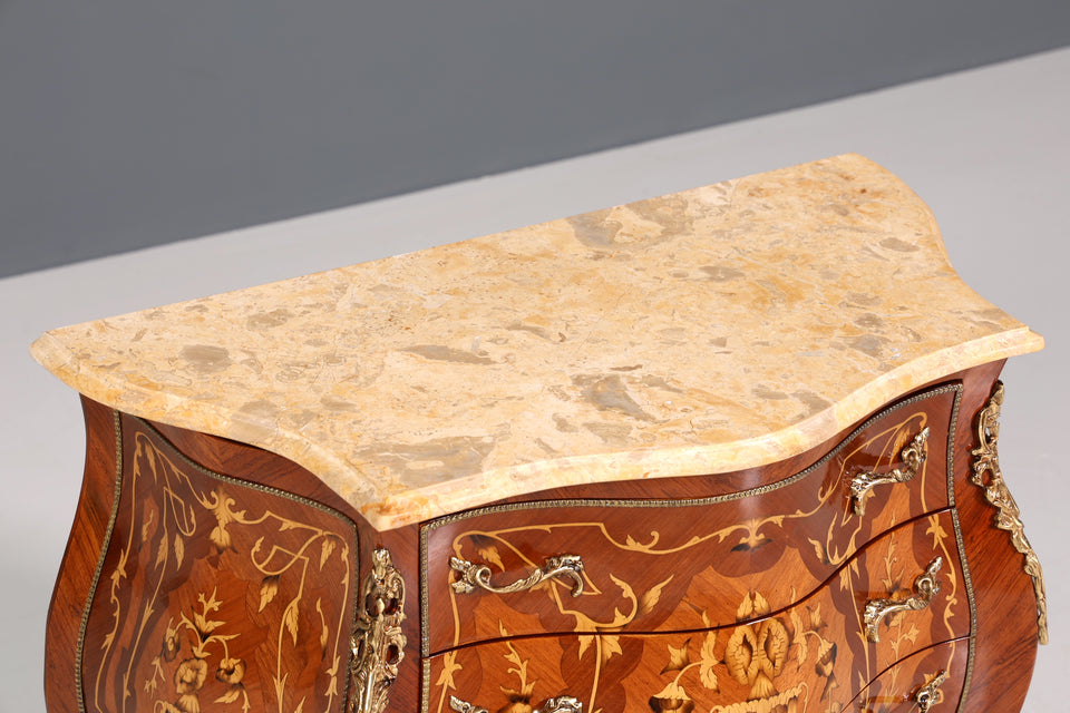 Königliche Bauchige Barock Stil Kommode Messing Marmor Louis XV Sideboard Antik Stil