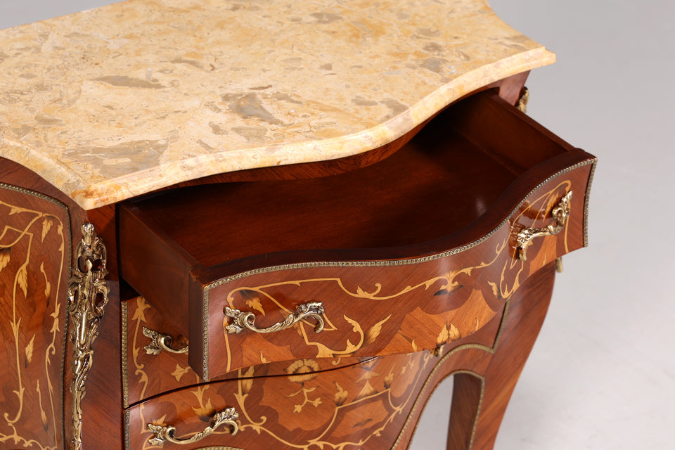 Königliche Bauchige Barock Stil Kommode Messing Marmor Louis XV Sideboard Antik Stil