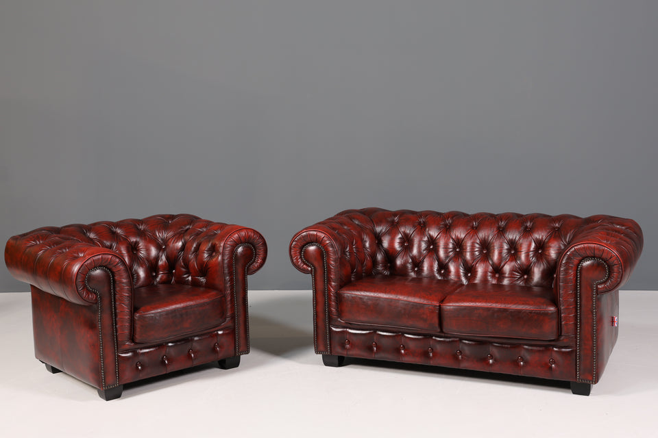 Original Chesterfield 2-Sitzer Couch Oxblood echt Leder Sofa