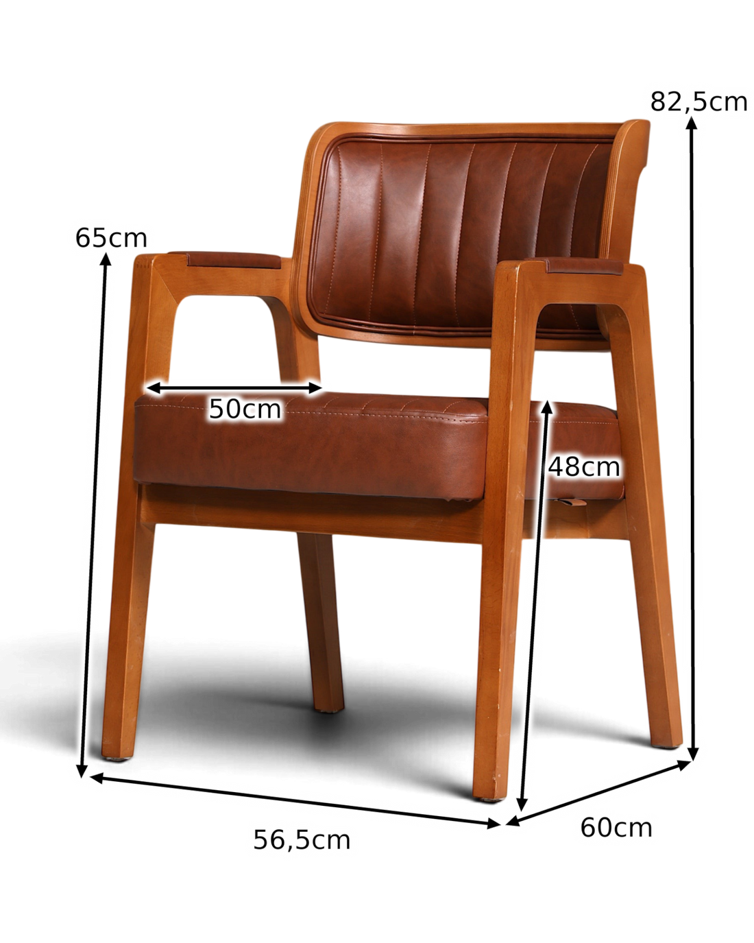 Hauptstadt Möblerei Armlehnstuhl Lima aus braunem Kunstleder und Buchenholz im Mid-Century-Design mit Maßangaben