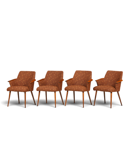 Hauptstadt Möblerei dört adet kahverengi desenli kumaş kaplamalı ahşap kollu ve konik ayaklı vintage mid century sandalye