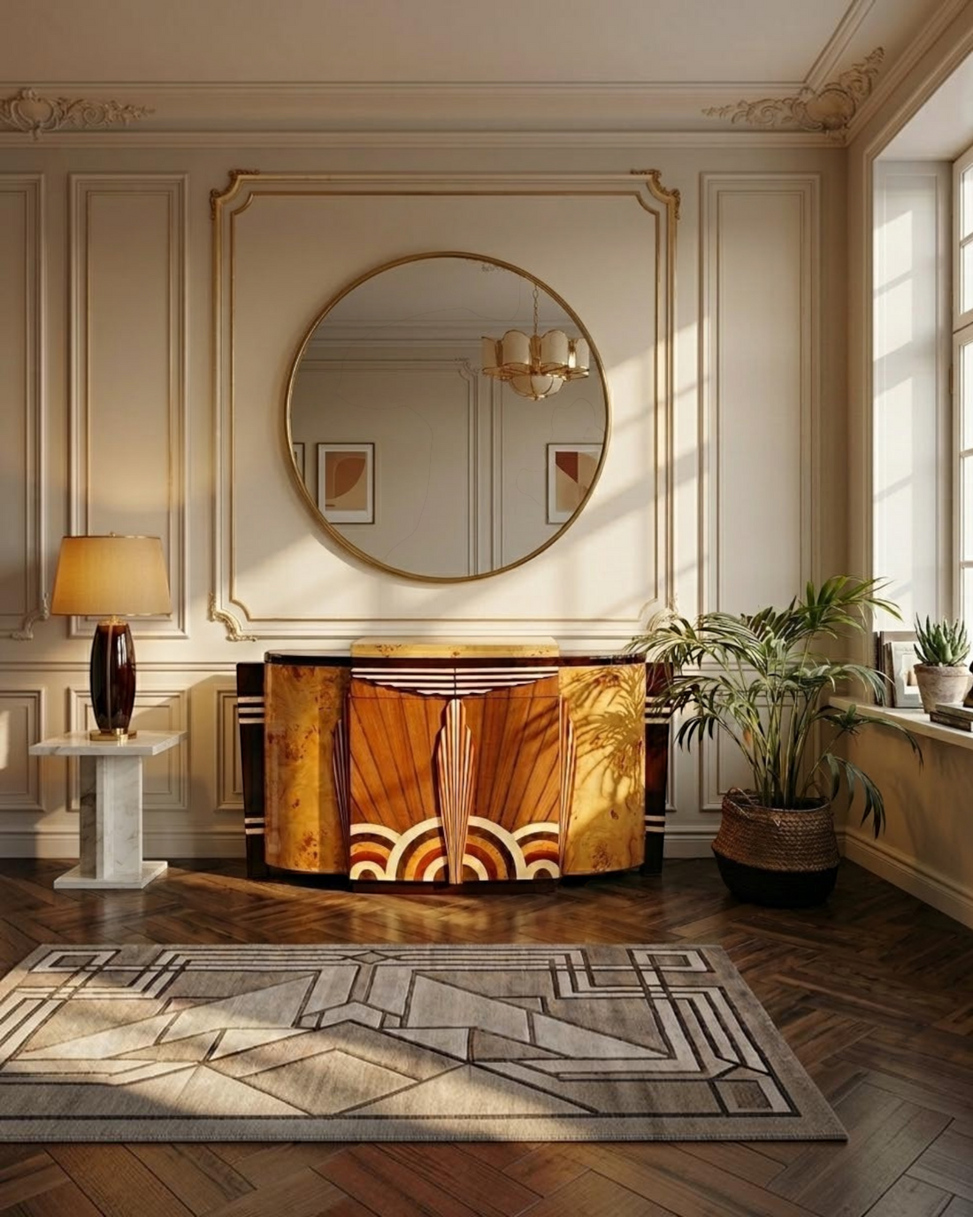 Art Deco Sideboard mit Intarsien in elegantem Wohnzimmer mit Spiegel und Parkettboden – Hauptstadt Möblerei Berlin