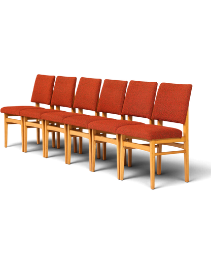 Hauptstadt Möblerei 6er-Set Mid Century Esszimmerstühle mit rotem Polster und hellem Holzgestell im 60er-Jahre-Stil