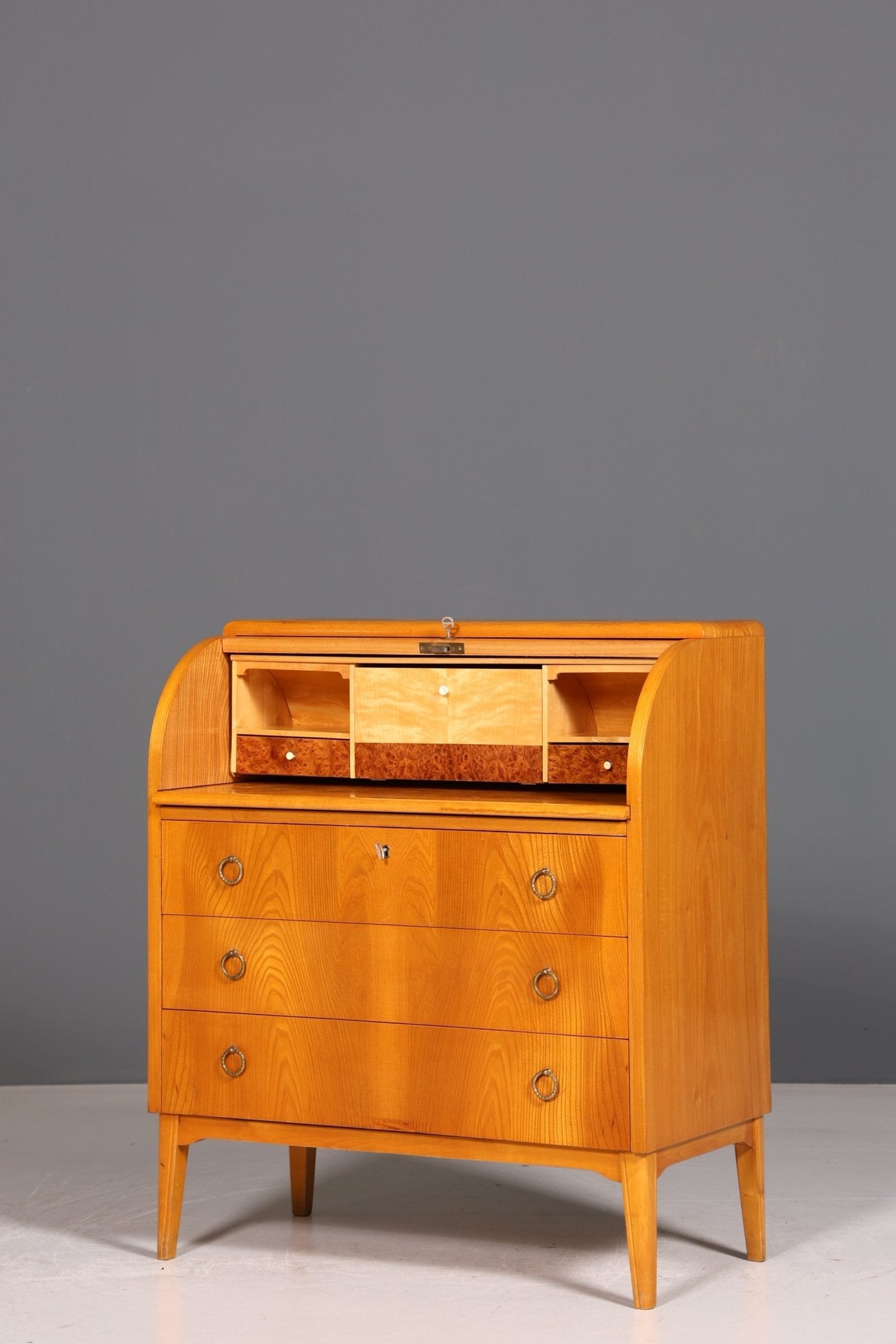 Mid Century Roller Shutter Secretary Real Wood Office Cabinet Vintage Writing Desk