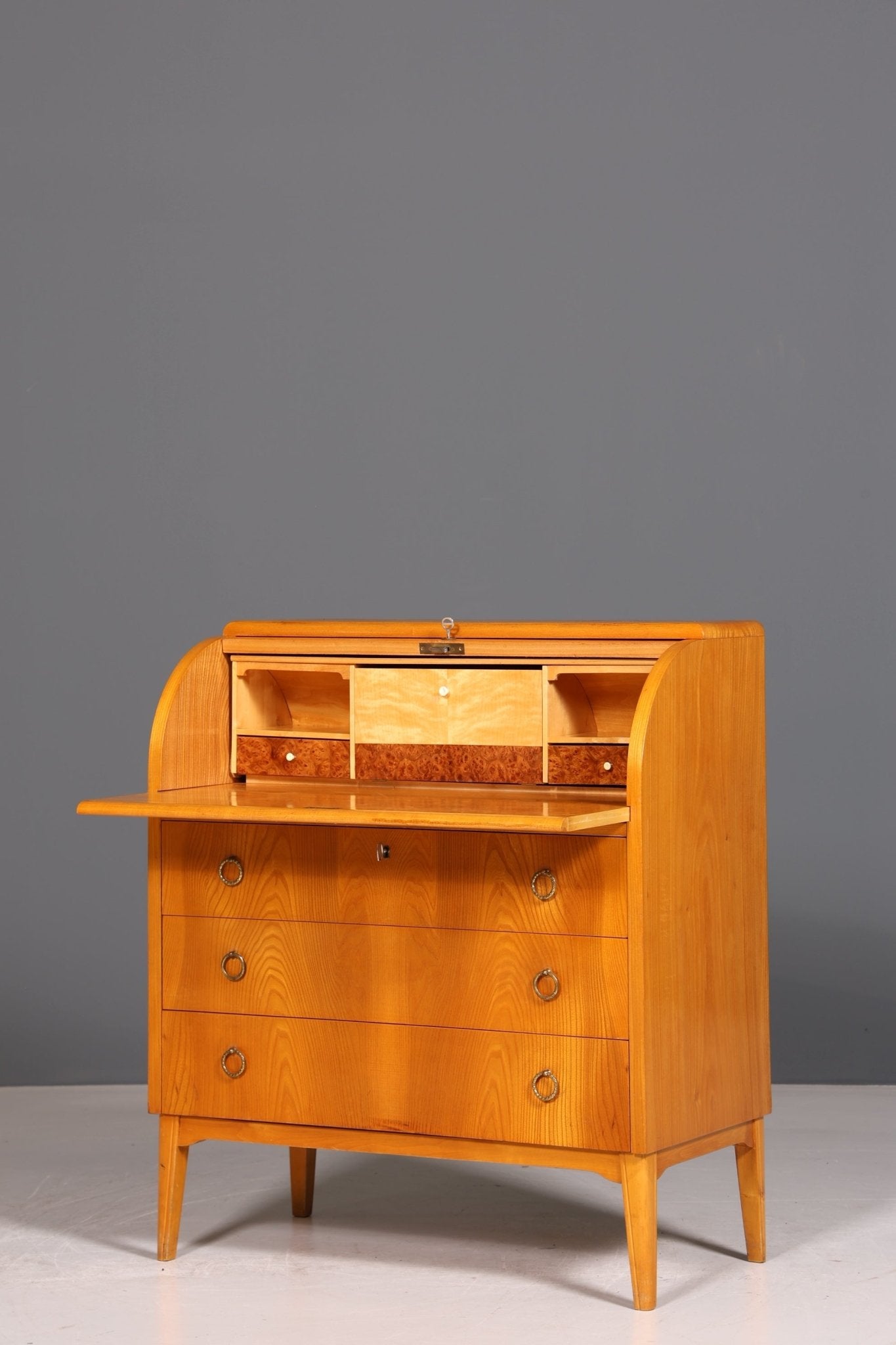 Mid Century Roller Shutter Secretary Real Wood Office Cabinet Vintage Writing Desk