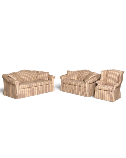 Hauptstadt Möblerei Drexel Heritage Sitzgruppe mit gestreiftem Stoffbezug bestehend aus zwei Sofas und einem Sessel