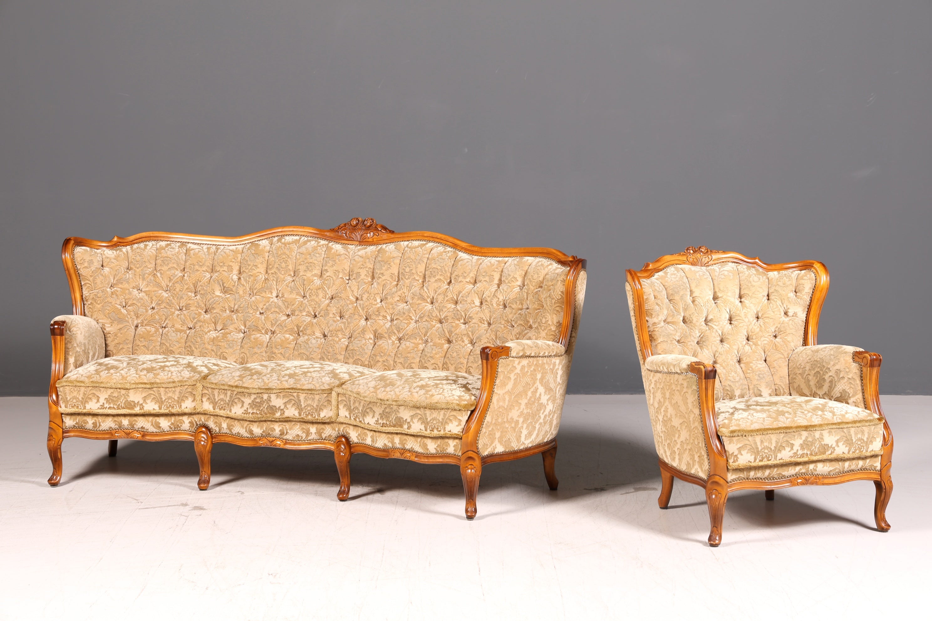 Edler Chippendale Armlehnsessel Barock Stil Sessel Armchair Samt Stoff Antik Vintage