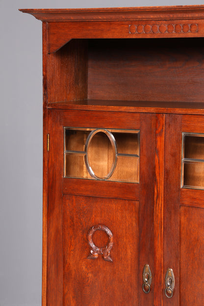 Traumhafte Jugendstil Vitrine Eiche Antik Bücherschrank Geschirrschrank Massiv Holz Glasvitrine Vitrinenschrank Vintage