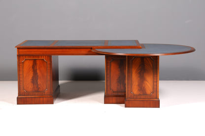 Wunderschöner Original Heldense Schreibtisch Mahagoni Echt Lederauflage Englisch Antik Stil Chefschreibtisch Partner Desk Bürotisch mit Besprechungsansatz